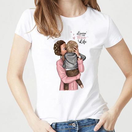Mother's Love Printed White T-shirt Women's Cotton Fashion T-shirt Top Streetwear