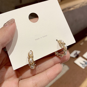 S925纯银韩国个性淑女几何半圆形镶水钻珍珠防过敏耳钉耳环批发