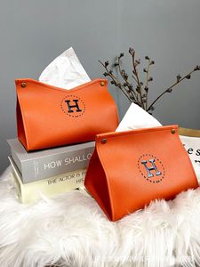 橘红H字简约ins风加厚加硬PU皮革纸巾盒创意卧室客厅家用抽纸盒