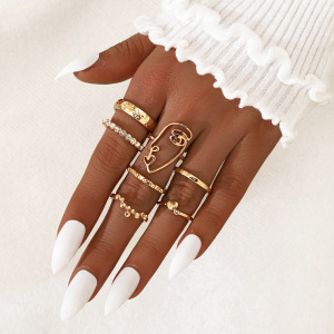 欧美时尚外贸新款 几何型抽象女人头双爱心心形点钻戒指 7件套